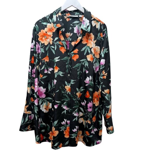 Susan Graver Satin Floral Blouse Size XL Black Long Sleeve Button up Top NWOT - Picture 2 of 12